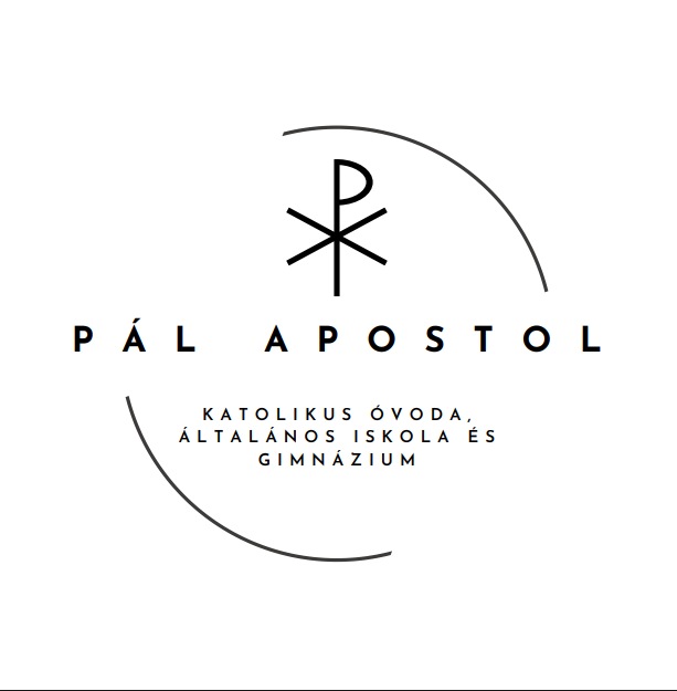 Katolikus óvoda és általános iskola gimnázium logója, stilizált kereszt és íves vonalak, „PÁL APOSTOL” felirattal.