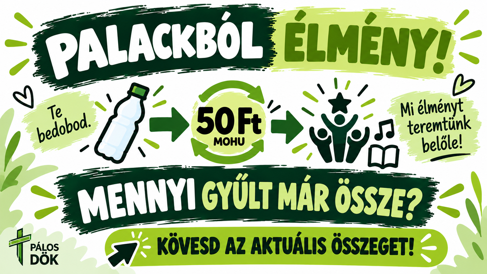 Palackból élmény! Elindult a Pálos DÖK 50 Ft-os palackgyűjtés! Minden visszaváltott palackkal a diákok közös programjait támogatjátok. Kövesd, mennyi gyűlt már össze! Köszönjük, hogy velünk gyűjtötök! Te bedobod. Mi élményt teremtünk belőle.
